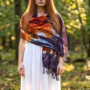 Alvina Tie Dye Scarf in Orange + Black Fringe Wrap by Akasha Sun Hand-Dyed